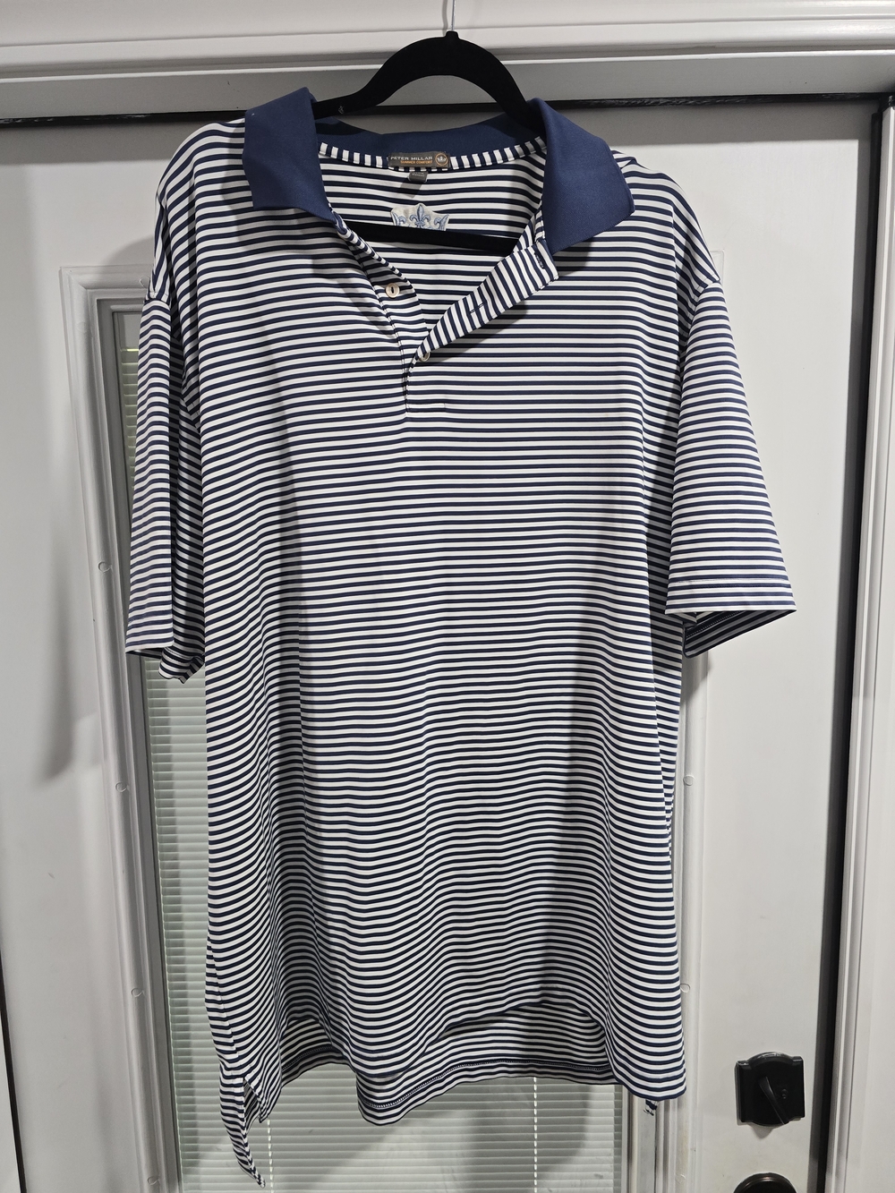 Peter Millar Navy and White Striped Polo with Solid Navy Collar